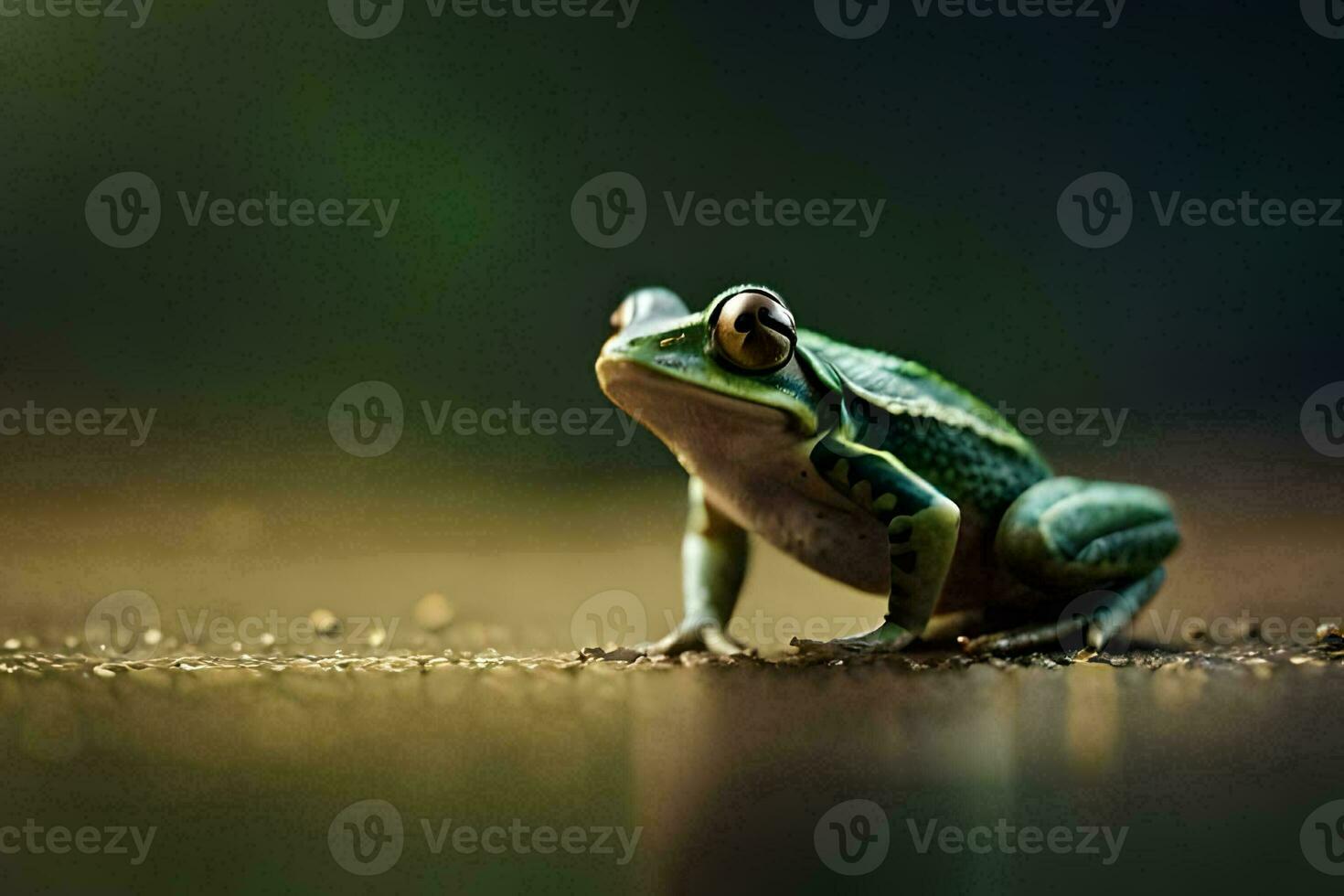 ein Frosch ist Sitzung auf das Boden im Vorderseite von ein verschwommen Hintergrund. KI-generiert foto