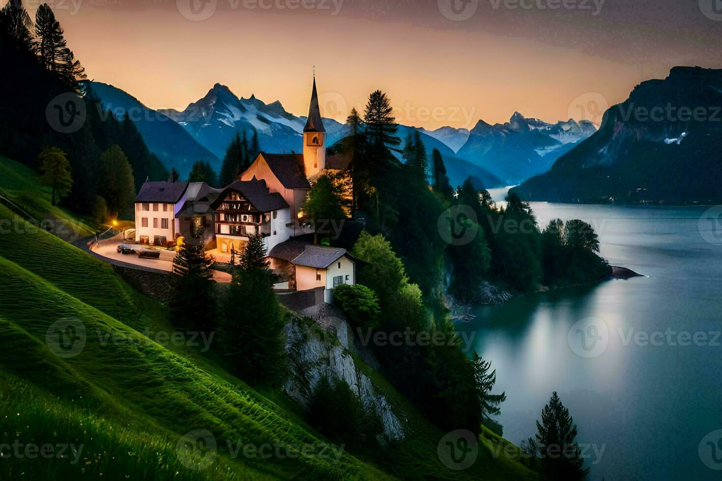 ein Kirche auf ein Hügel mit Blick auf ein See und Berge. KI-generiert foto