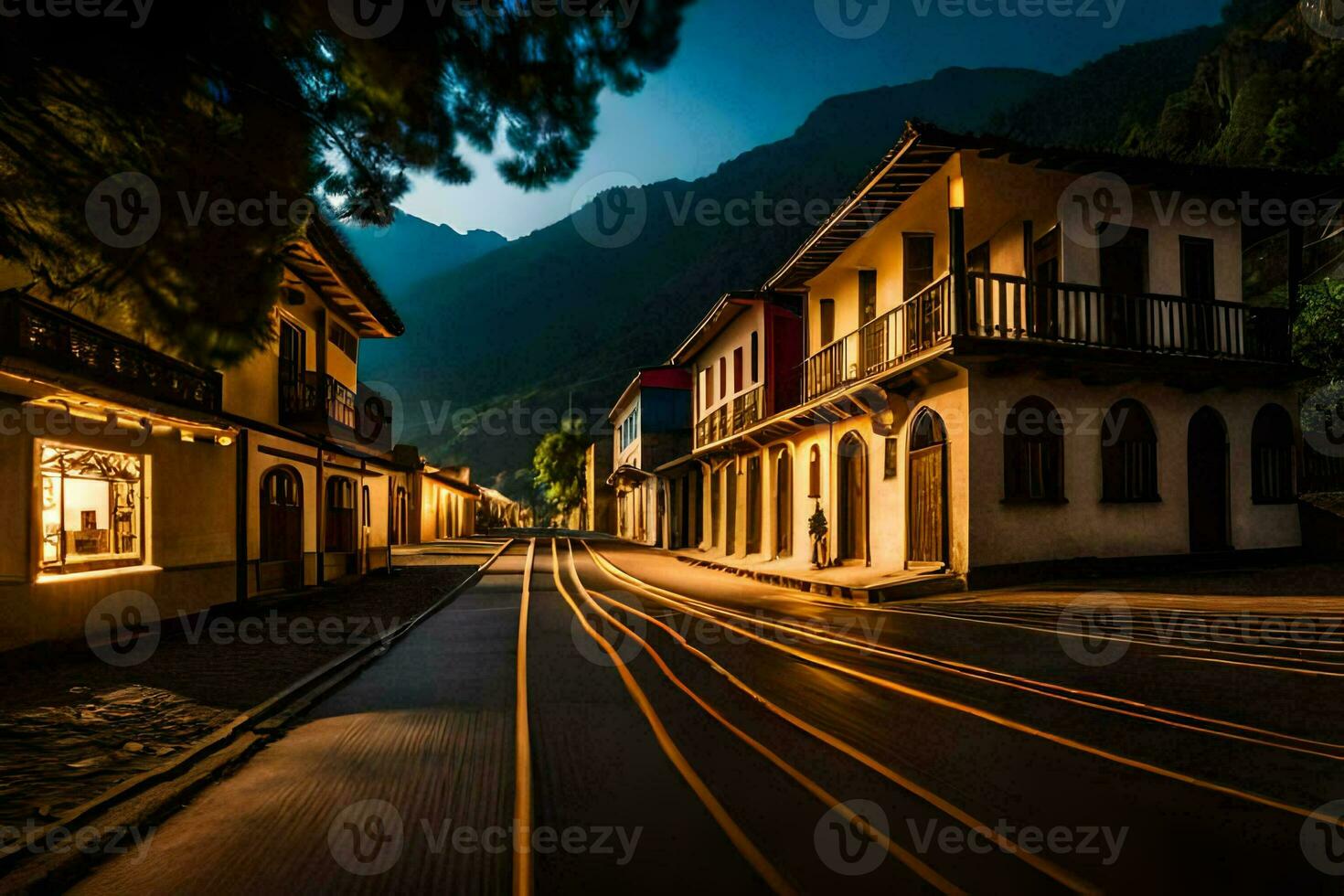 ein Straße im das Berge beim Nacht. KI-generiert foto