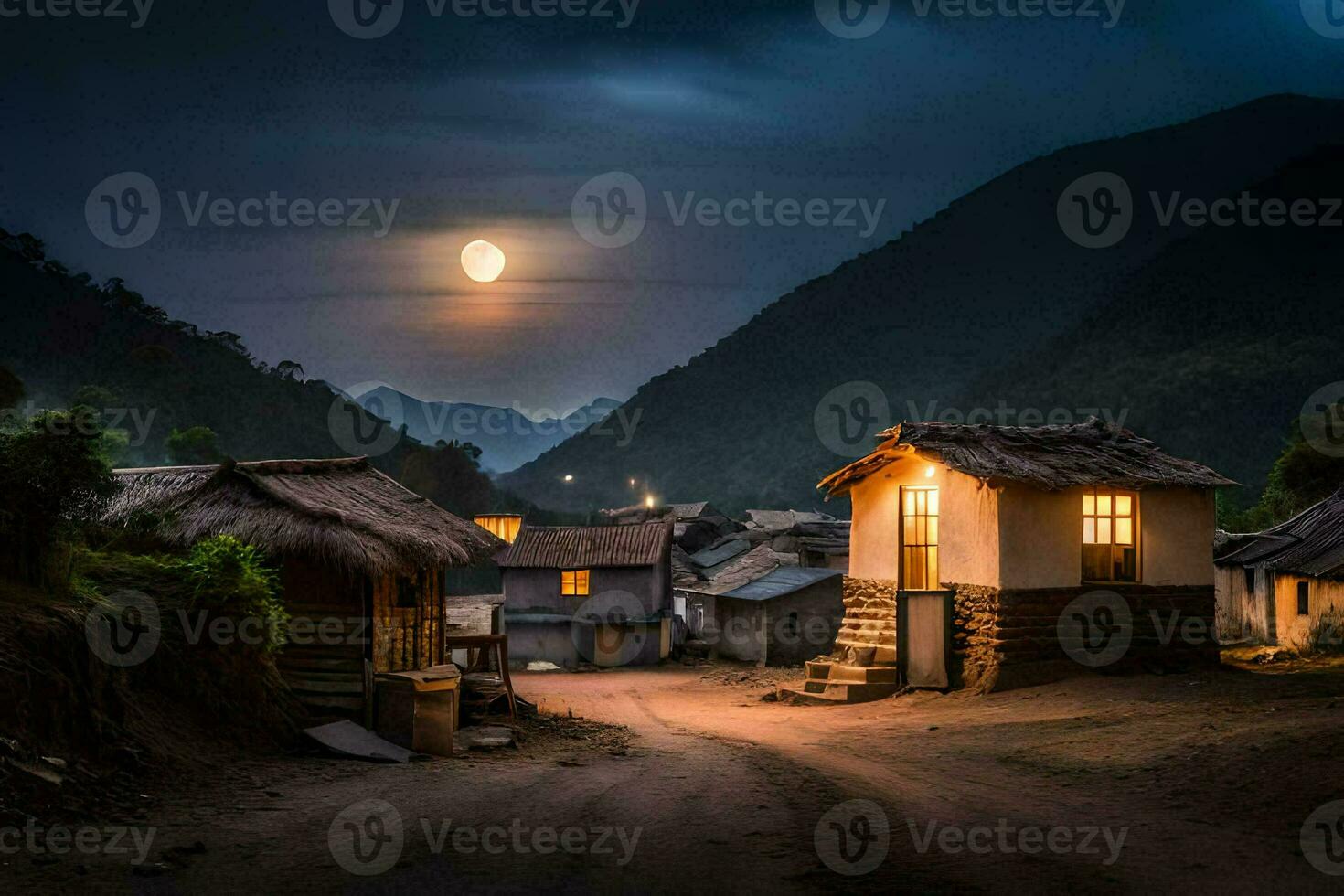 Foto Hintergrund das Himmel, Berge, Dorf, Mond, das Dorf, das Mond, das Dorf. KI-generiert