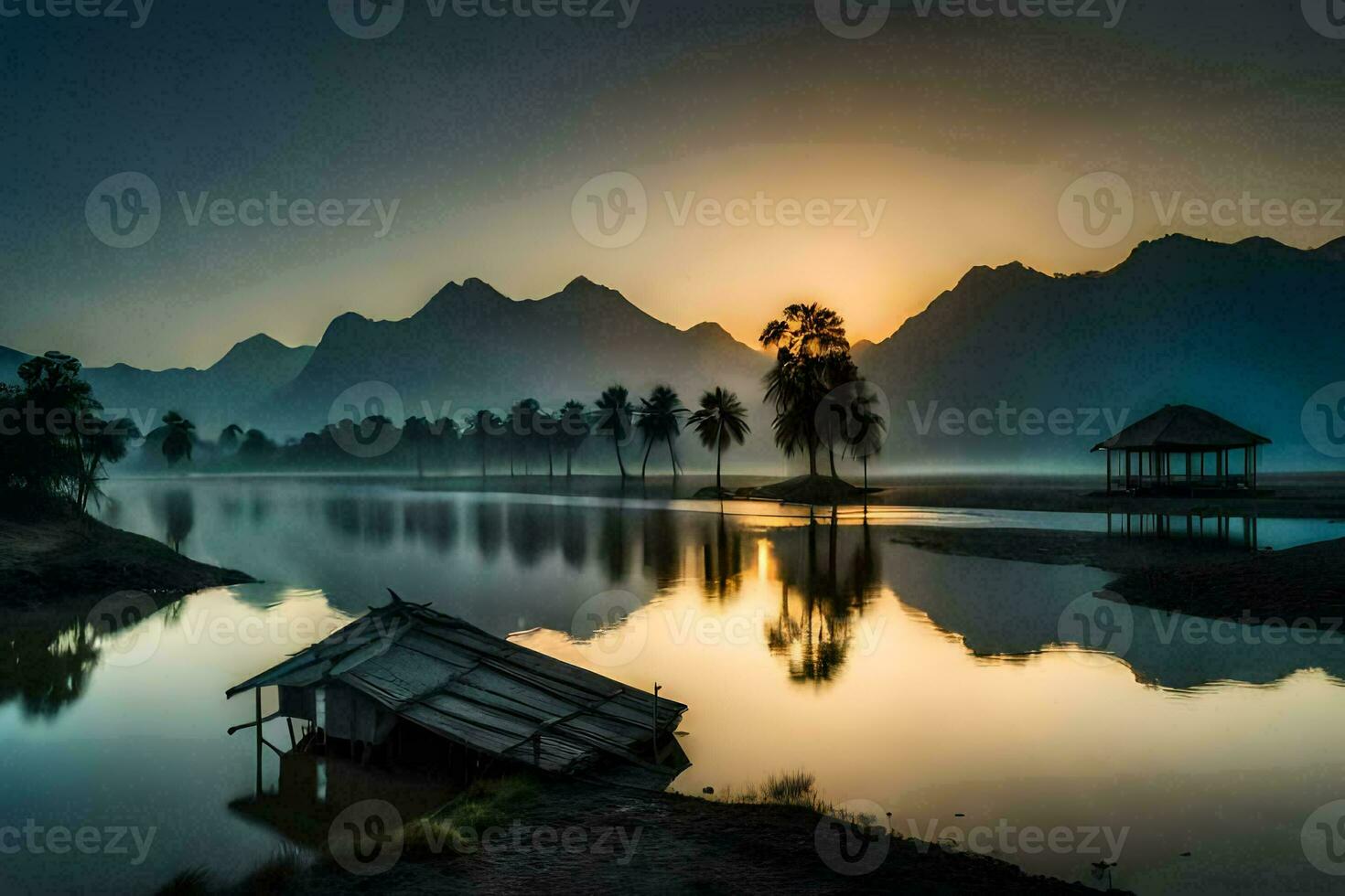 ein See und ein Hütte im das Berge beim Sonnenaufgang. KI-generiert foto