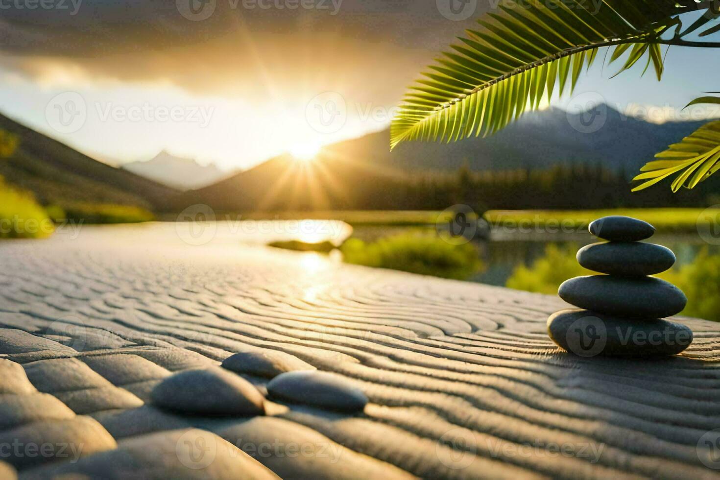 Zen Garten mit Steine und Palme Baum im das Hintergrund. KI-generiert foto