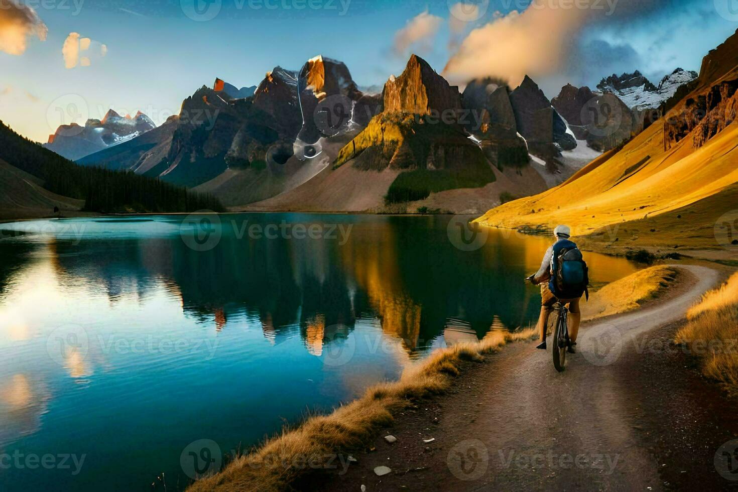 ein Mann auf ein Berg Fahrrad Fahrten durch ein Berg See. KI-generiert foto