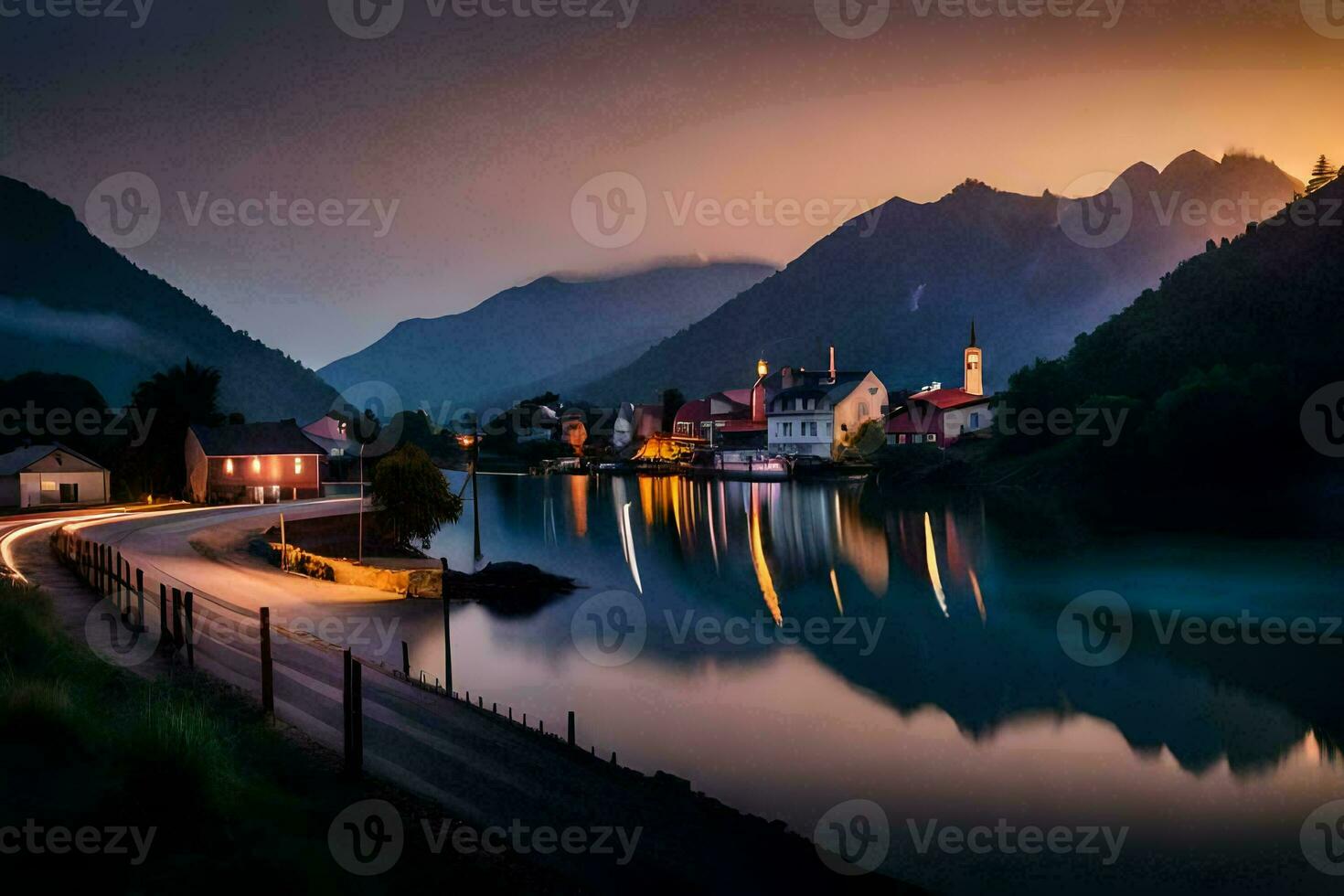 ein Stadt, Dorf ist gesehen im das Entfernung durch ein Fluss. KI-generiert foto