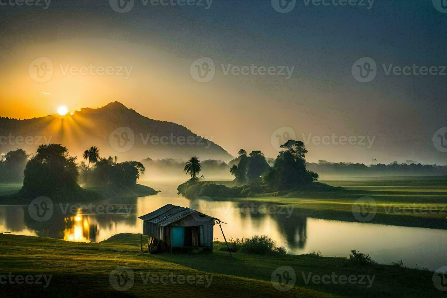 das Sonne steigt an Über das See und das Hütte im das Vordergrund. KI-generiert foto