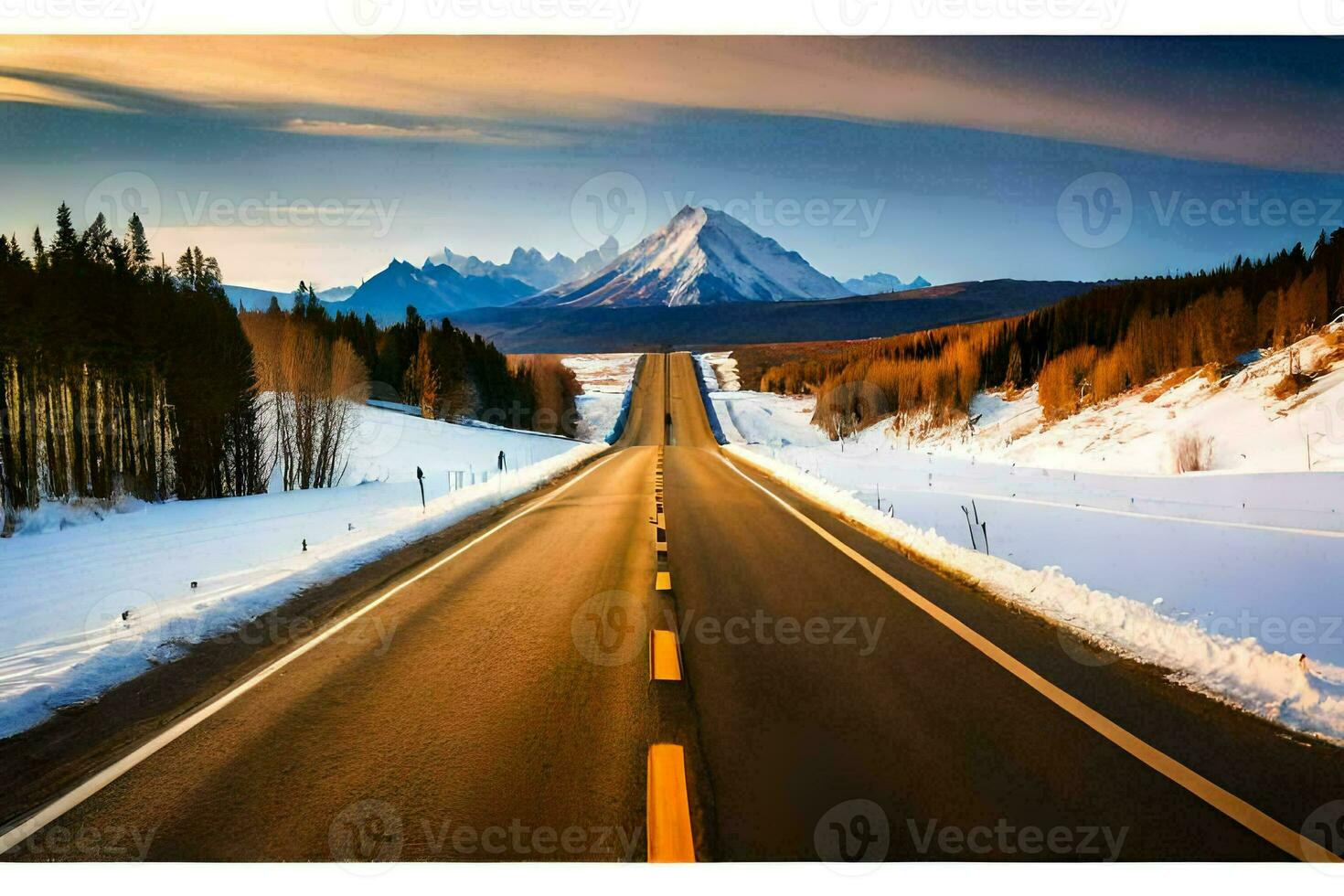 ein Straße im das Berge mit Schnee und Bäume. KI-generiert foto