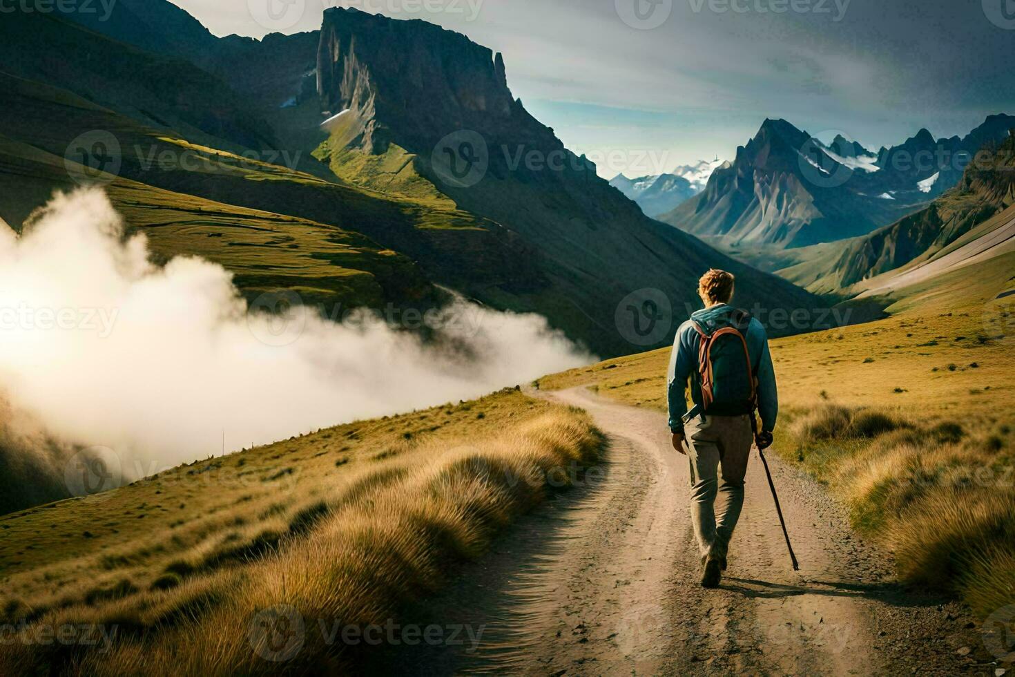 ein Mann mit ein Rucksack Gehen Nieder ein Schmutz Straße im das Berge. KI-generiert foto