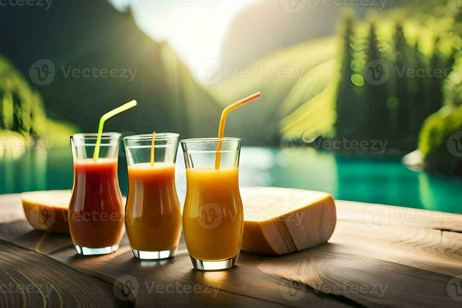 drei Brille von Orange Saft auf ein Tabelle mit ein See im das Hintergrund. KI-generiert foto