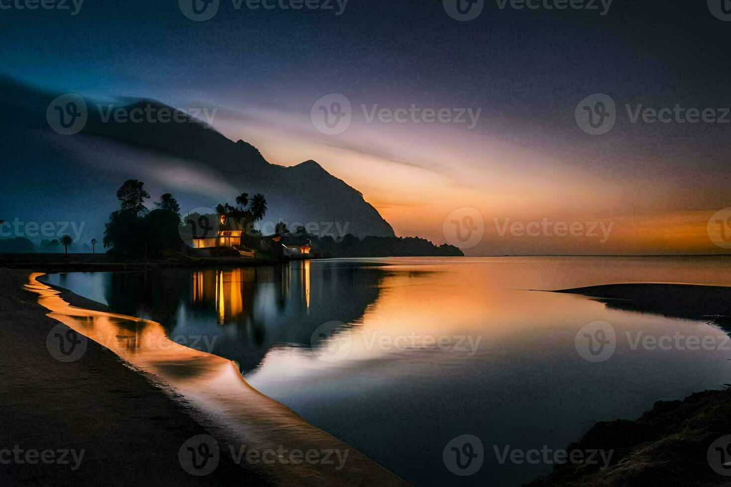 ein Haus auf das Strand beim Sonnenuntergang. KI-generiert foto