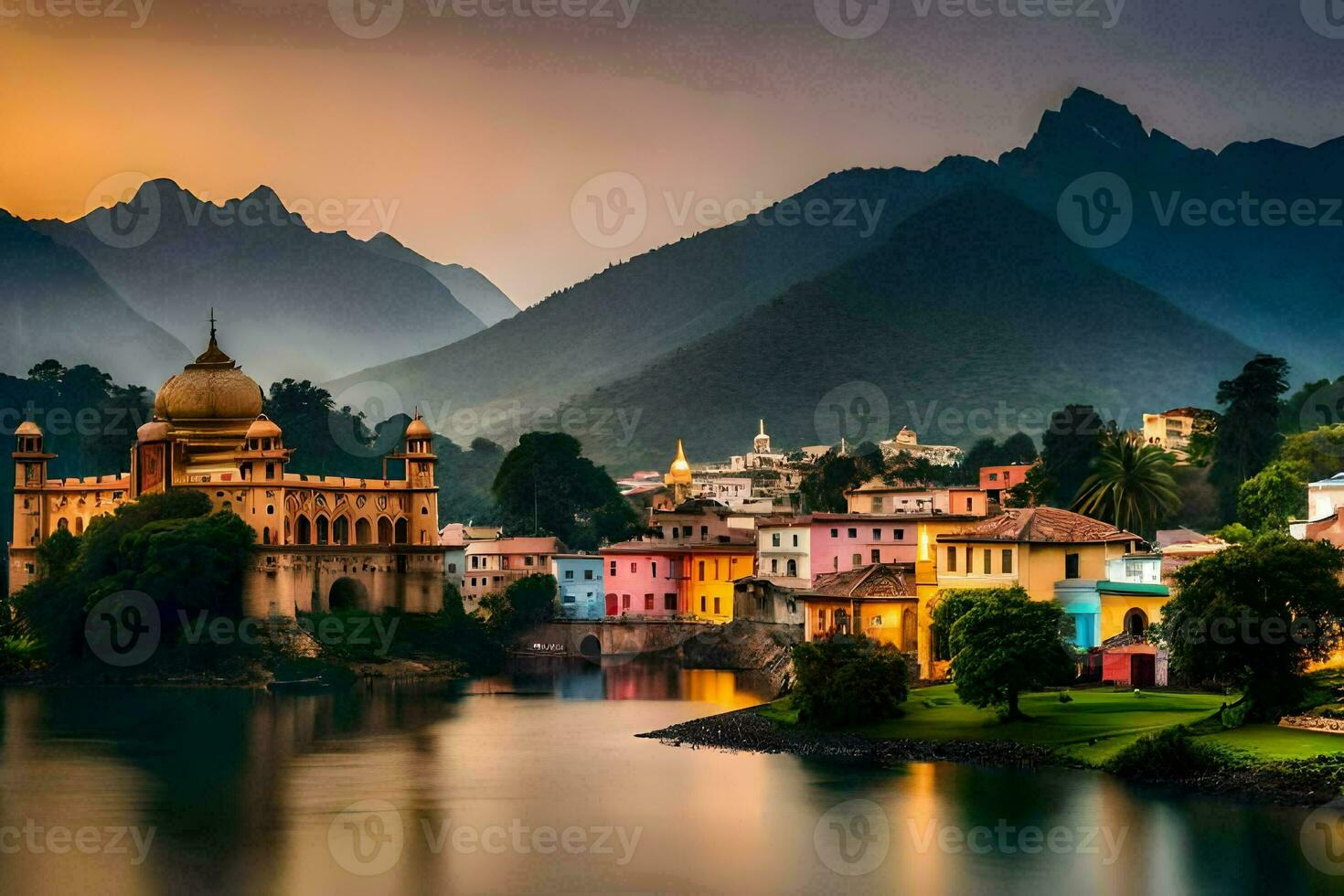 ein schön Stadt, Dorf mit bunt Gebäude und Berge. KI-generiert foto