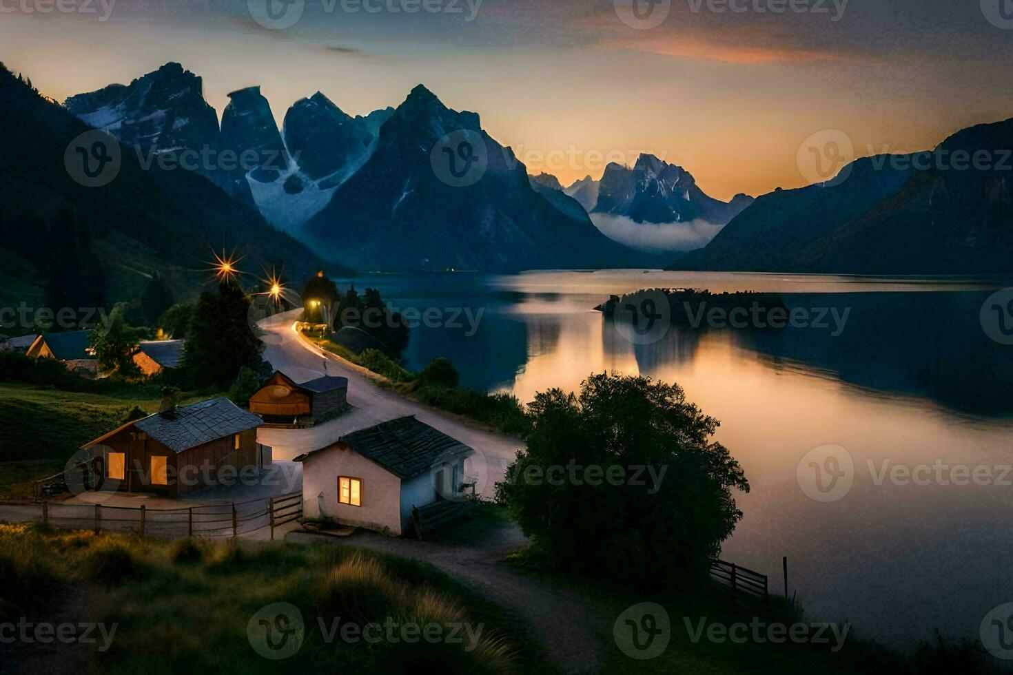 ein See und Berg Angebot beim Sonnenuntergang mit Häuser und ein Boot. KI-generiert foto