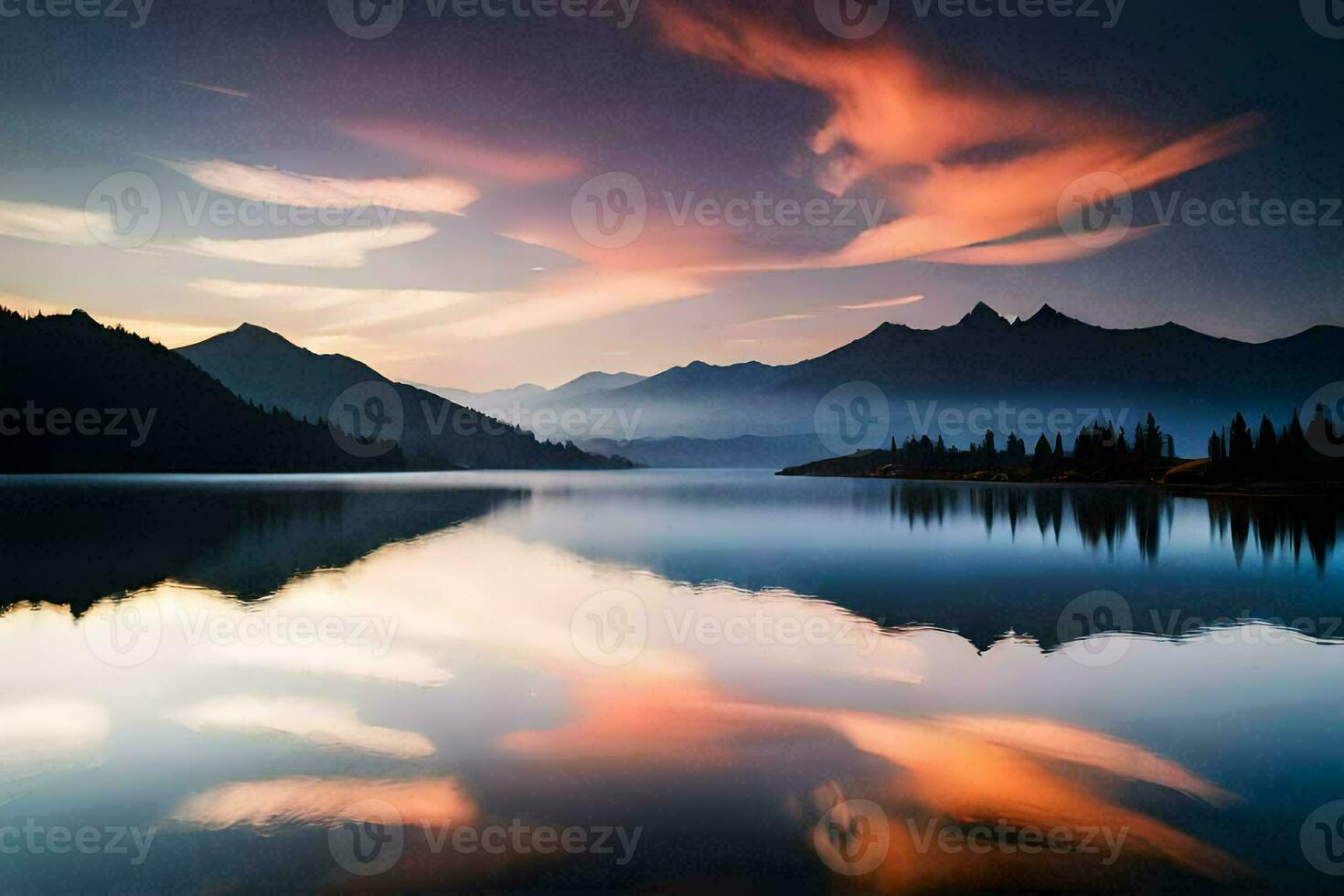 ein schön Sonnenuntergang Über ein See mit Berge im das Hintergrund. KI-generiert foto