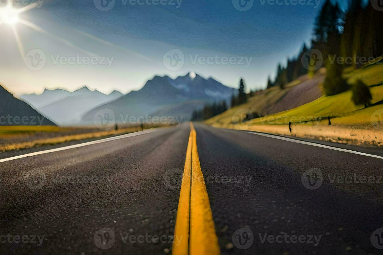 ein lange leeren Straße mit Berge im das Hintergrund. KI-generiert foto