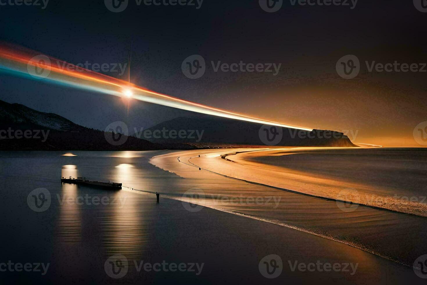 ein Boot ist im das Wasser und das Sonne ist leuchtenden. KI-generiert foto