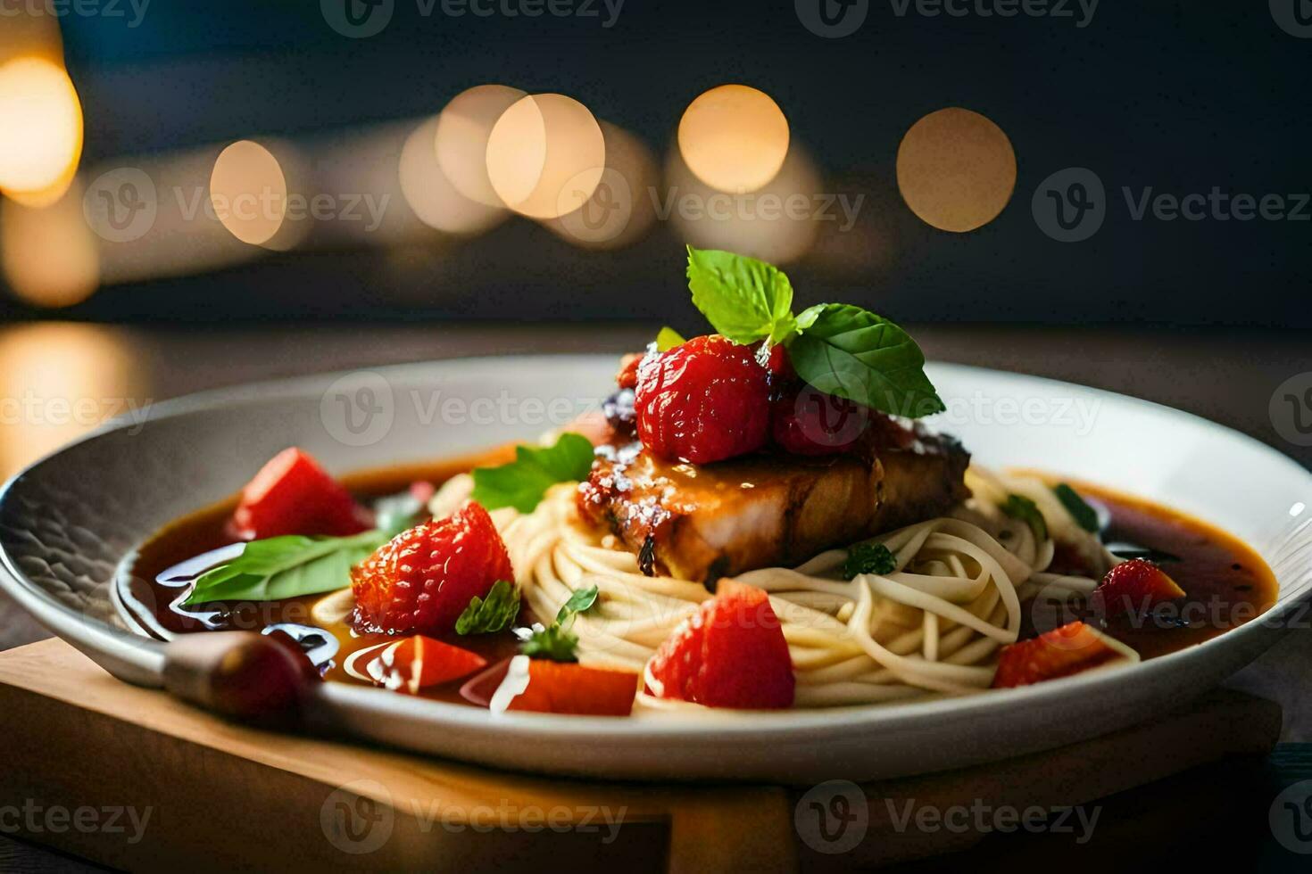 ein Teller von Spaghetti mit Fleisch und Erdbeeren. KI-generiert foto