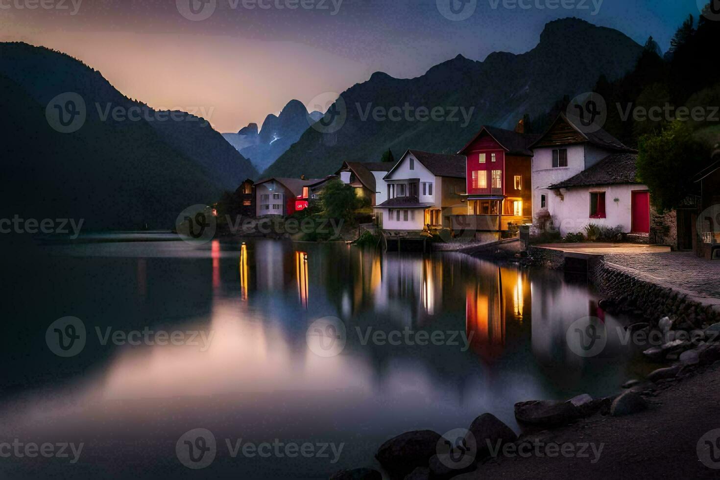 ein See und Häuser im das Berge beim Nacht. KI-generiert foto