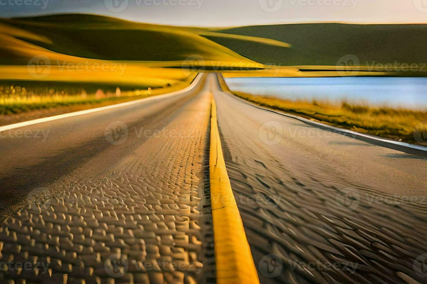 ein lange Straße mit ein See im das Hintergrund. KI-generiert foto