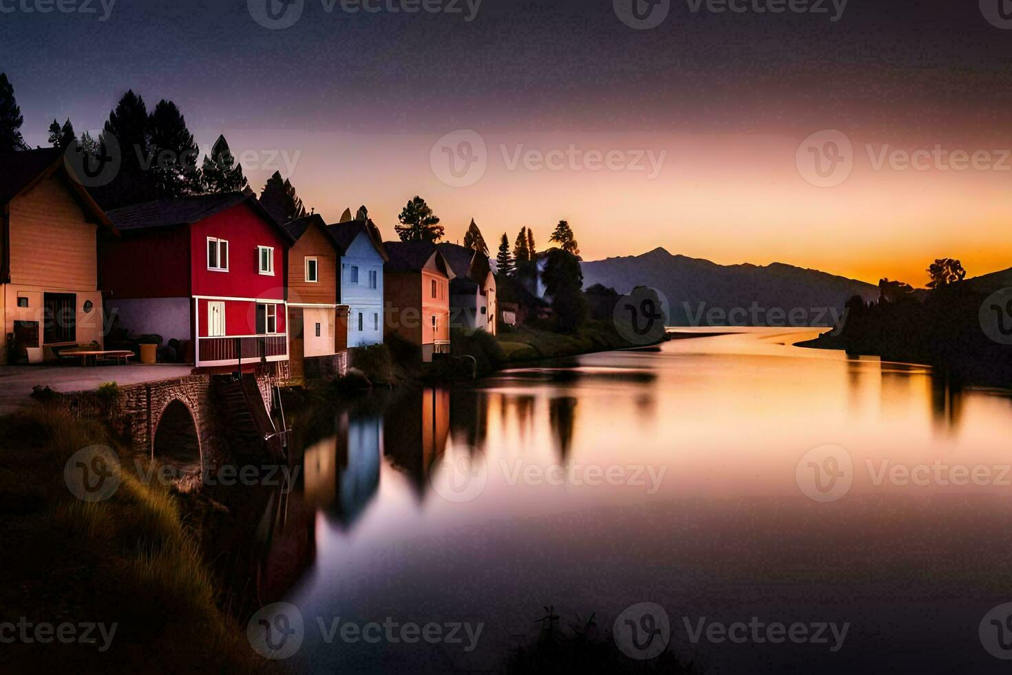 ein Fluss und Häuser im das Sonnenuntergang. KI-generiert foto