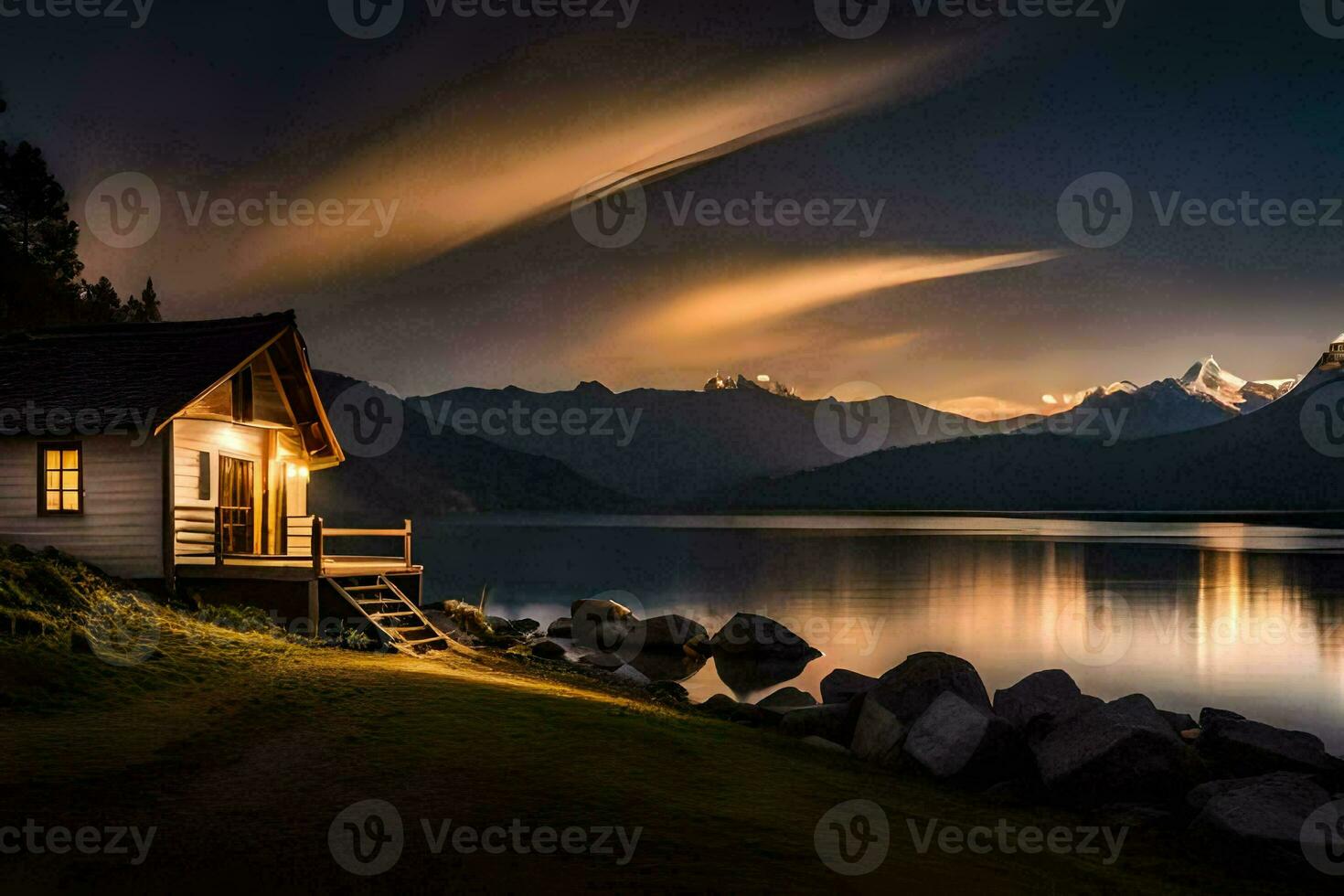 ein klein Kabine sitzt auf das Ufer von ein See beim Nacht. KI-generiert foto