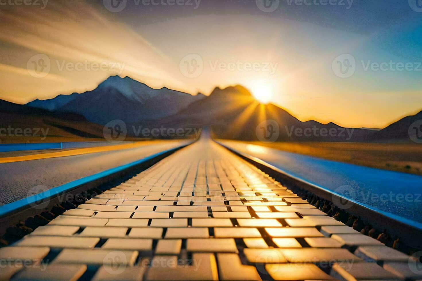 ein Straße mit ein Sonne Rahmen hinter Es. KI-generiert foto