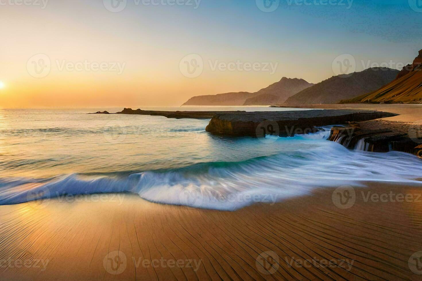 das Sonne setzt Über ein Strand mit Wellen und Felsen. KI-generiert foto