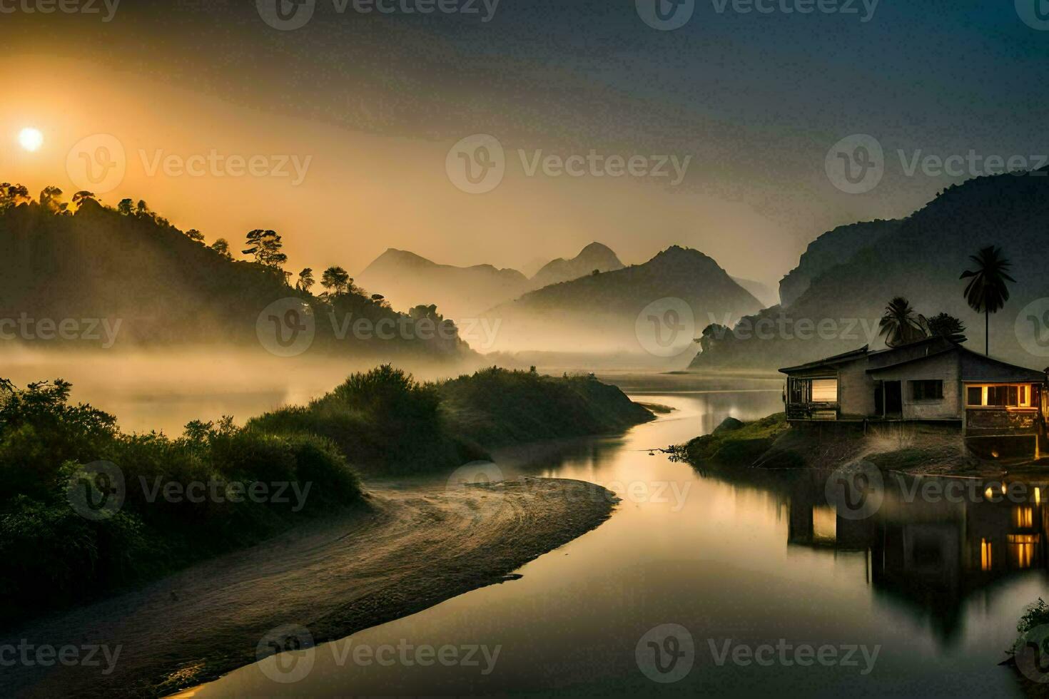 ein Haus sitzt auf das Bank von ein Fluss beim Sonnenaufgang. KI-generiert foto