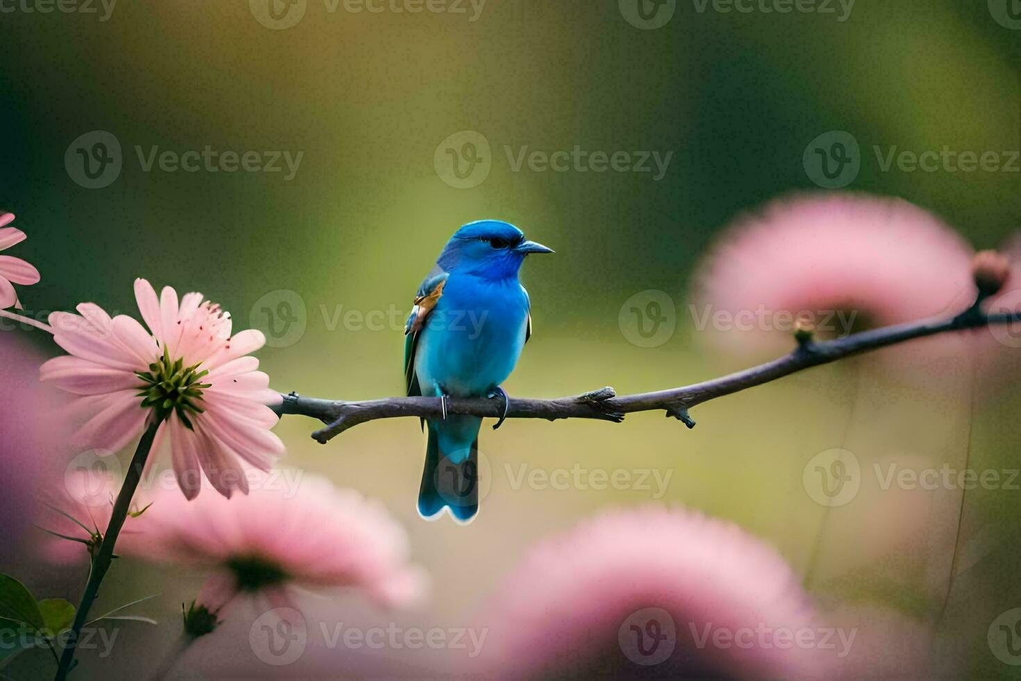 ein Blau Vogel sitzt auf ein Ast mit Rosa Blumen. KI-generiert foto