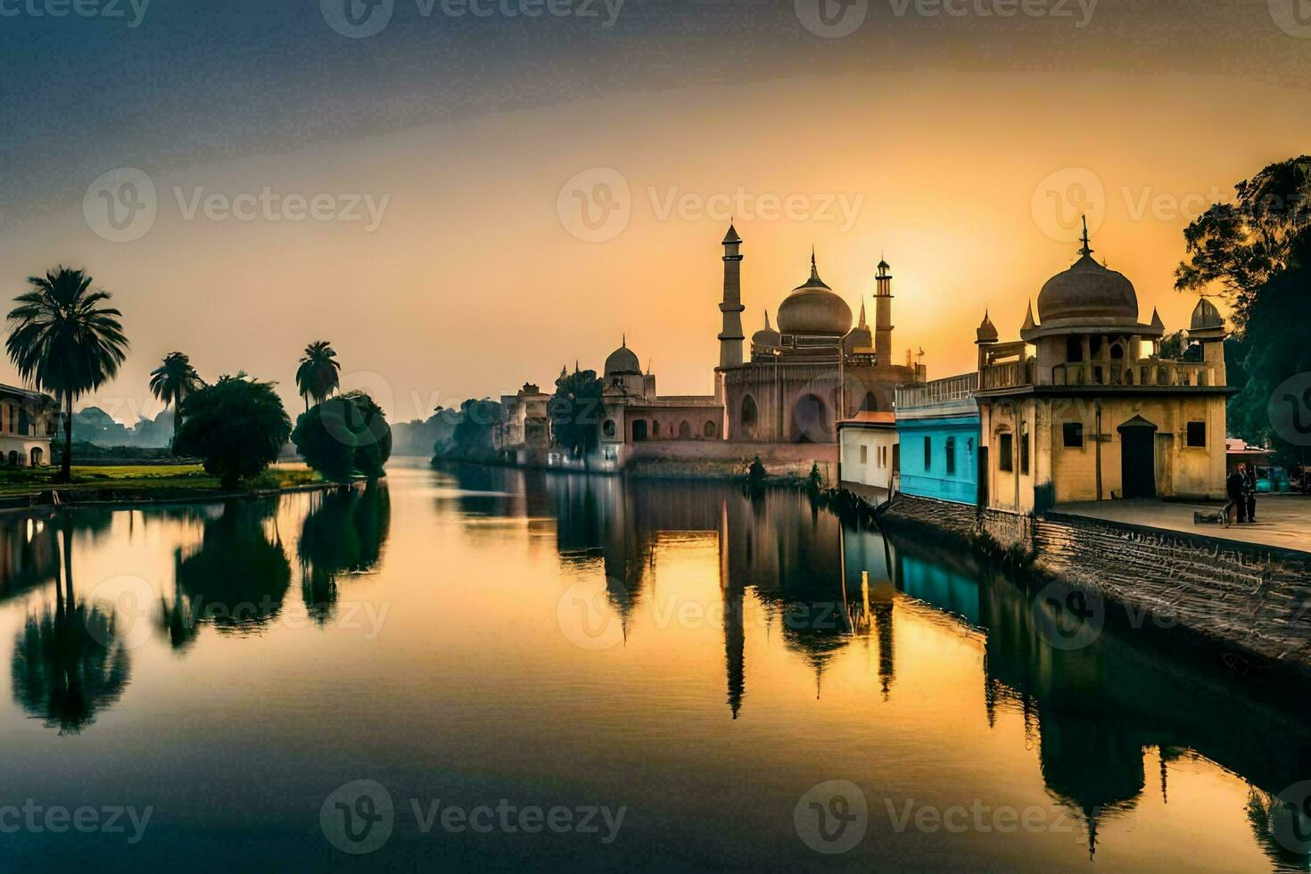 das Sonnenuntergang Über das Fluss im Indien. KI-generiert foto