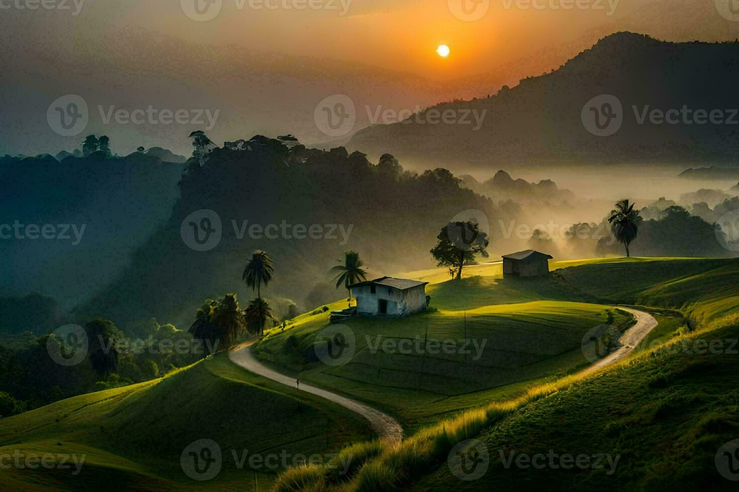 das Sonne steigt an Über das Berge im diese schön Landschaft. KI-generiert foto