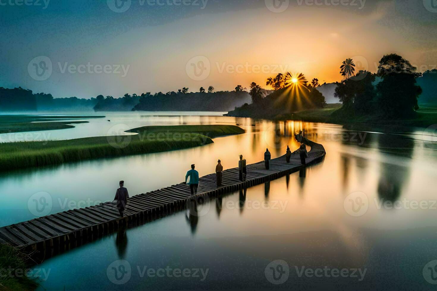 Menschen Gehen auf ein hölzern Brücke Über ein Fluss beim Sonnenaufgang. KI-generiert foto