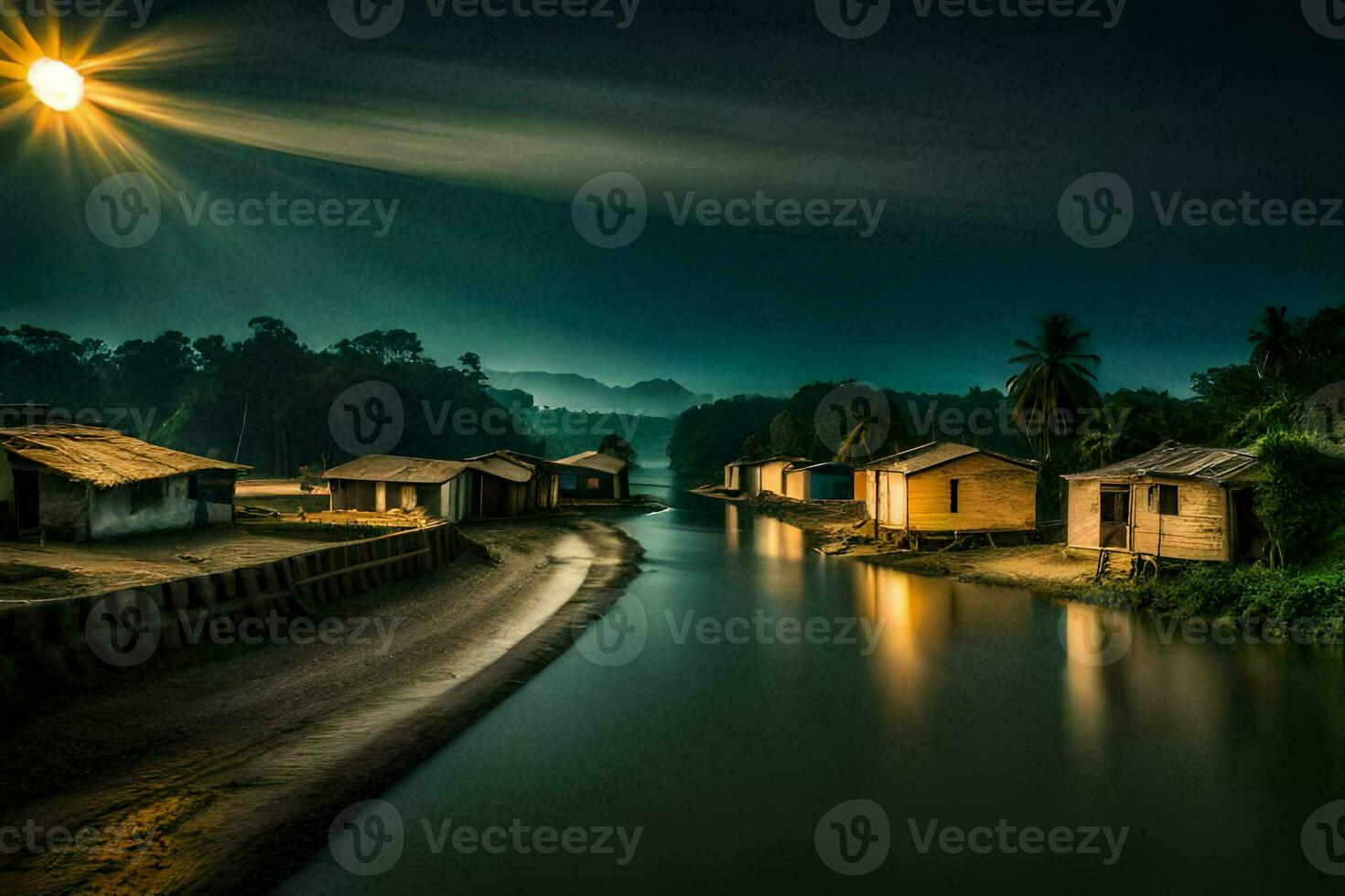 Foto Hintergrund das Himmel, Wasser, Fluss, Häuser, das Mond, das Sonne, das Fluss. KI-generiert