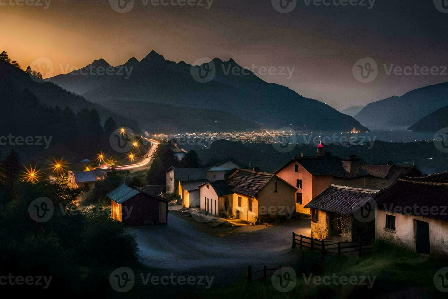 Foto Hintergrund das Himmel, Berge, das Dorf, das Beleuchtung, das Dorf, das Beleuchtung,. KI-generiert