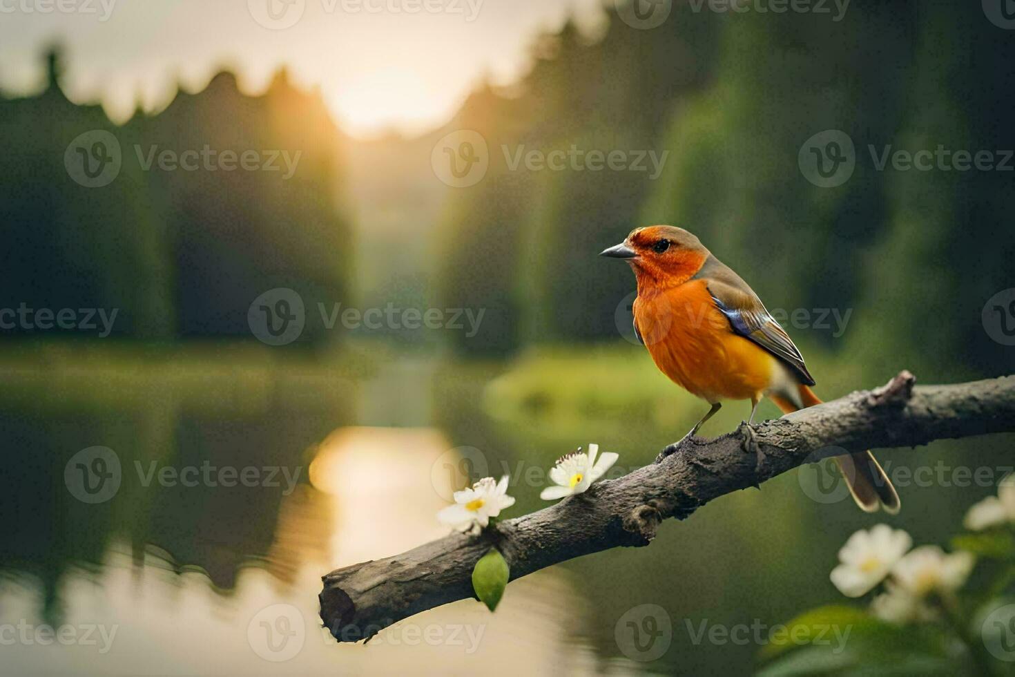 ein Vogel sitzt auf ein Ast in der Nähe von ein See. KI-generiert foto