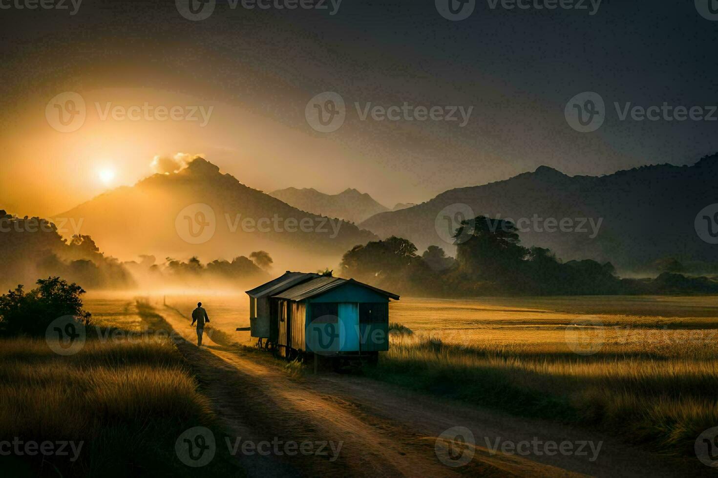 ein Mann Spaziergänge Nieder ein Schmutz Straße mit ein klein Haus im das Hintergrund. KI-generiert foto