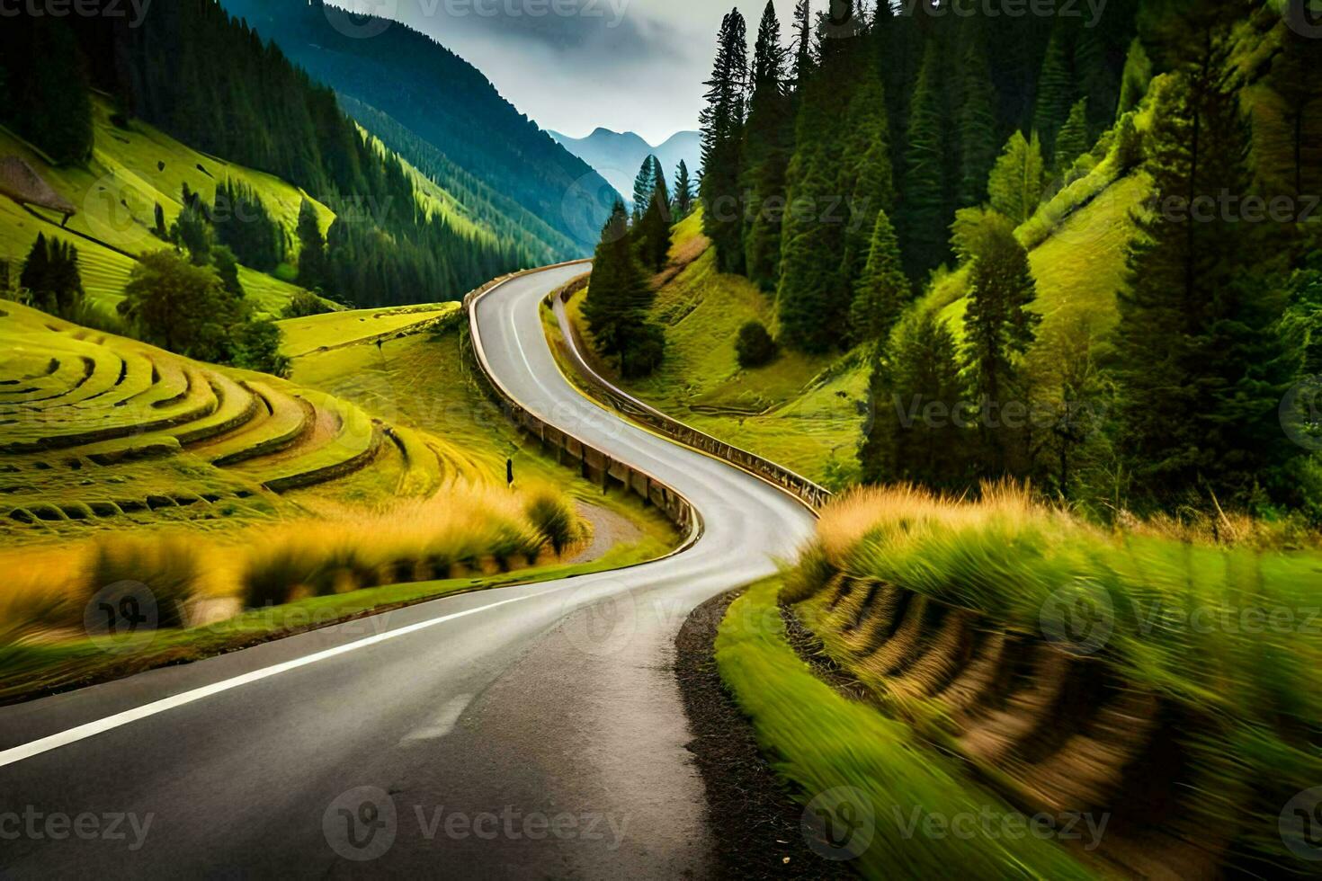 ein Wicklung Straße im das Berge mit Bäume und Gras. KI-generiert foto