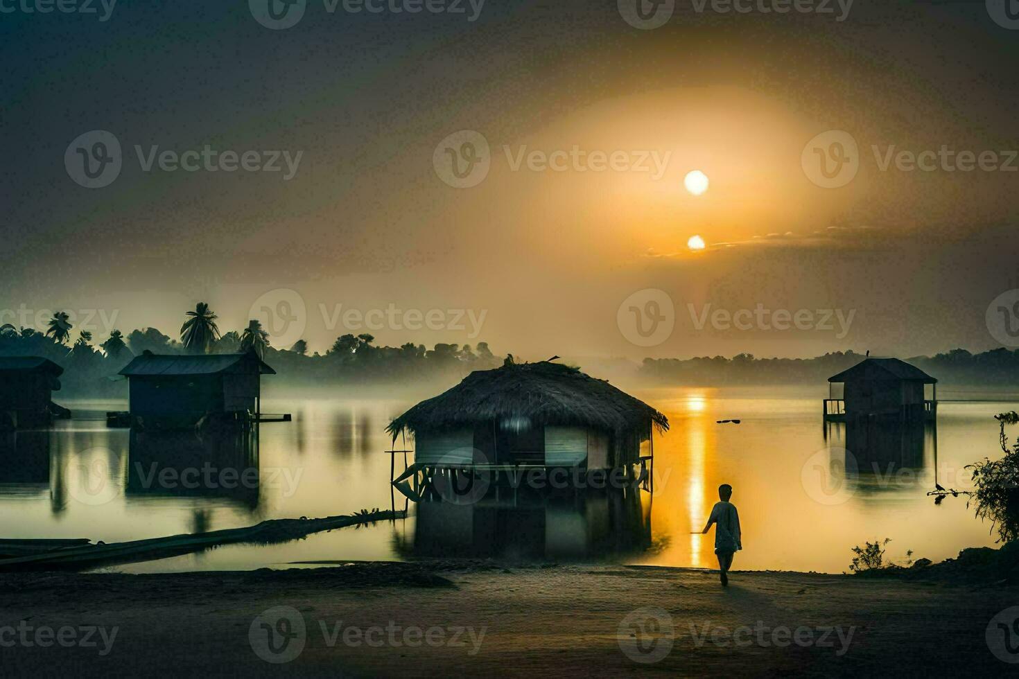 ein Mann Spaziergänge entlang das Ufer beim Sonnenaufgang. KI-generiert foto