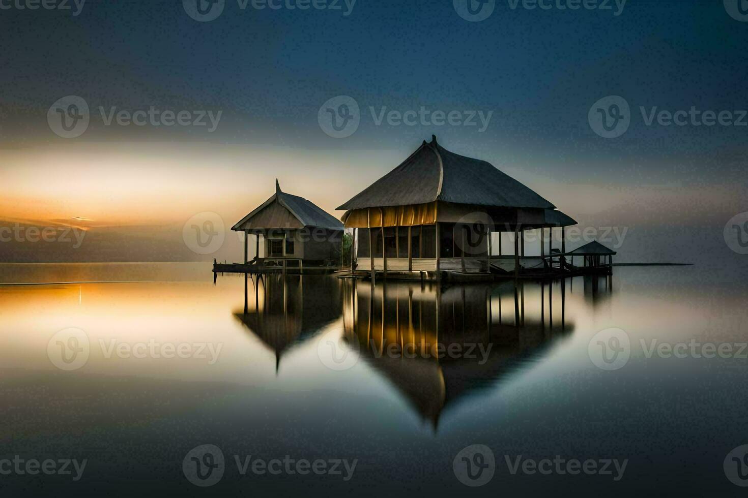 zwei Häuser auf das Wasser beim Sonnenuntergang. KI-generiert foto