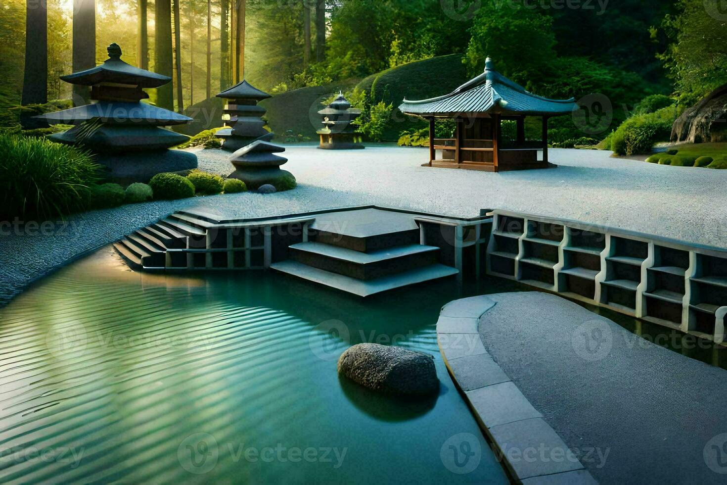 ein japanisch Garten mit Wasser Eigenschaften und Pagoden. KI-generiert foto