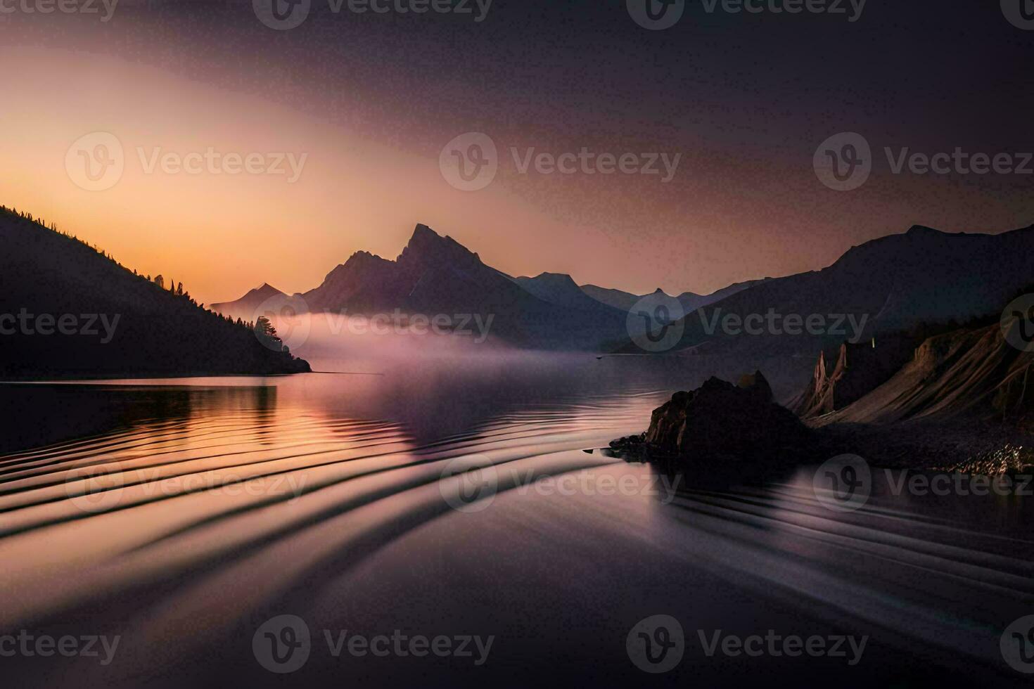 ein See mit Berge im das Hintergrund beim Sonnenuntergang. KI-generiert foto