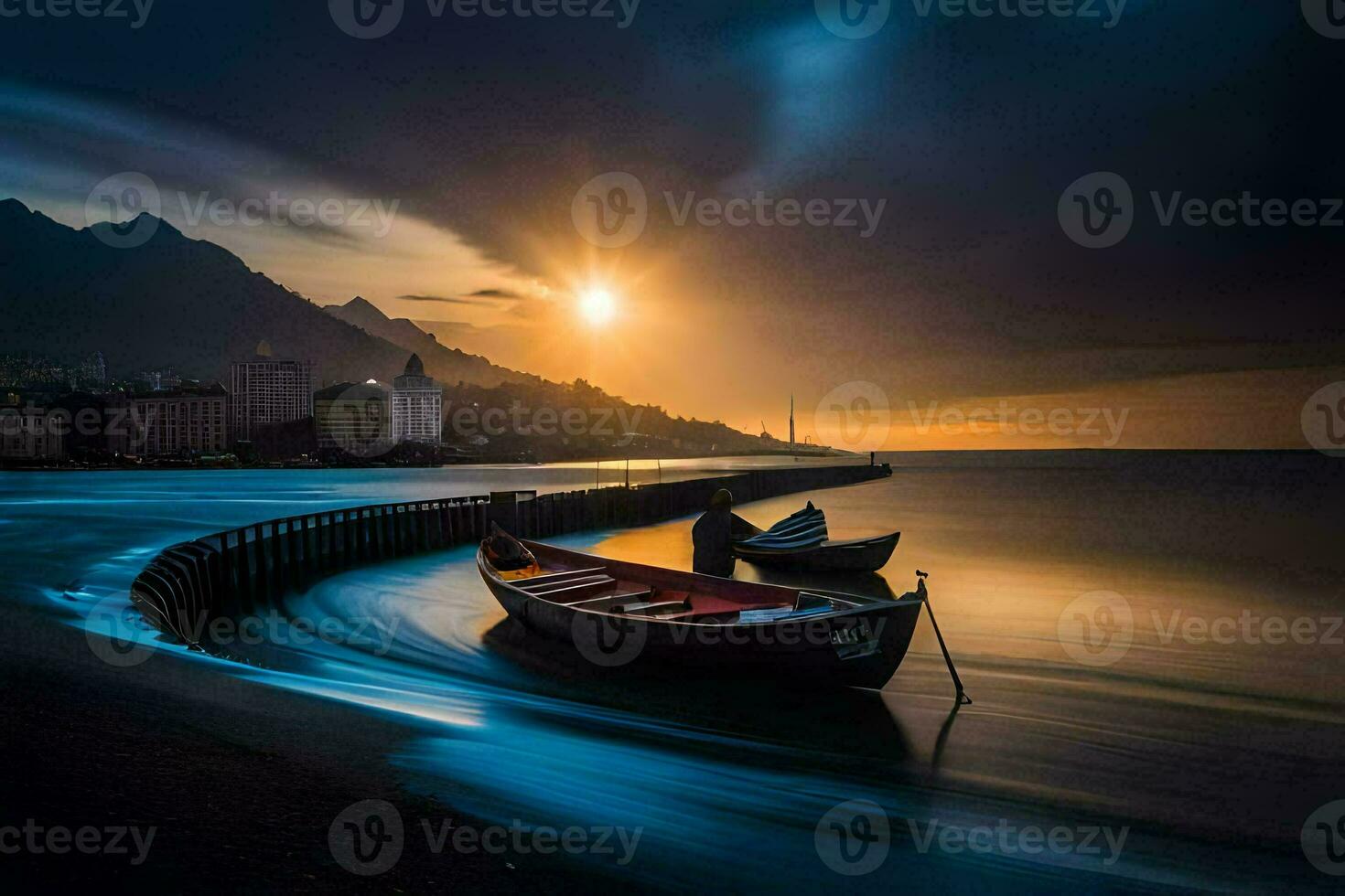 zwei Boote sitzen auf das Ufer beim Sonnenuntergang. KI-generiert foto