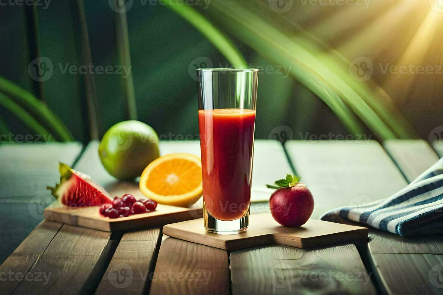 ein Glas von Saft mit Obst und Gemüse auf ein hölzern Tisch. KI-generiert foto