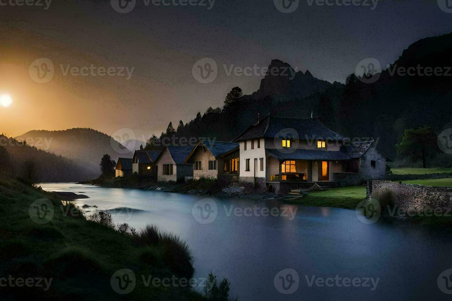 Foto Hintergrund das Himmel, Berge, Fluss, Haus, Sonnenuntergang, Haus, Fluss, Haus,. KI-generiert