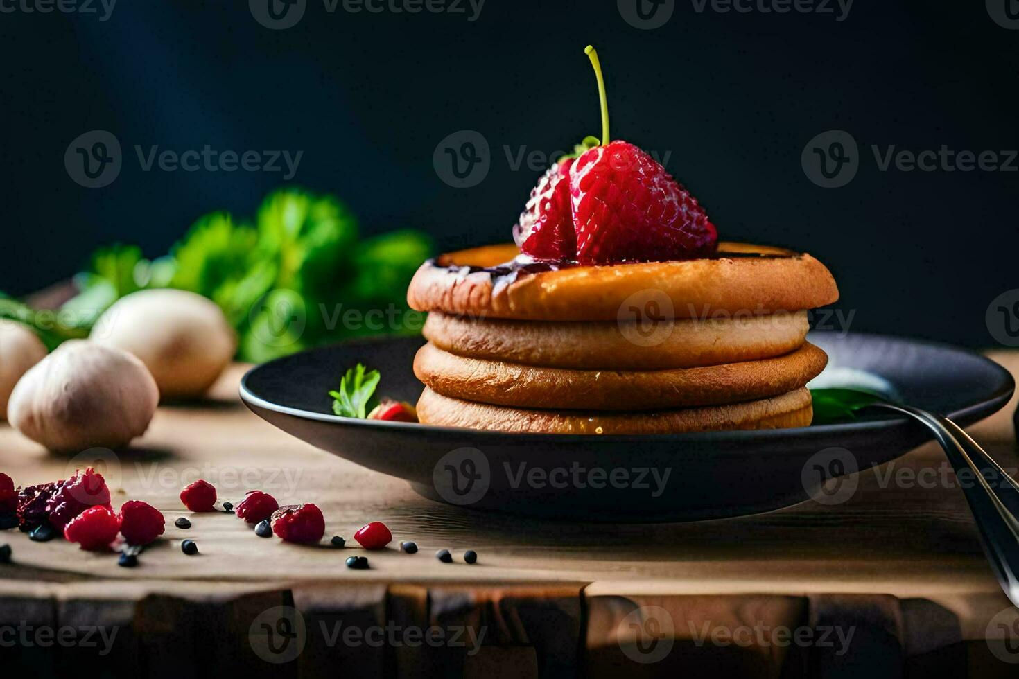 Stapel von Pfannkuchen mit Beeren auf oben. KI-generiert foto