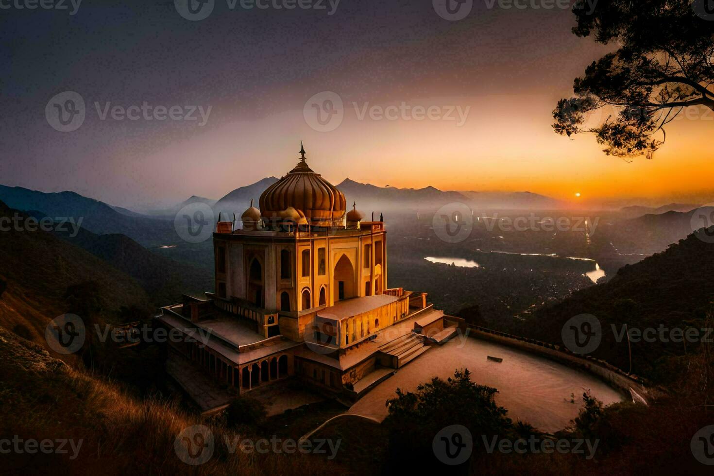 das Sonne setzt Über ein Tempel im das Berge. KI-generiert foto