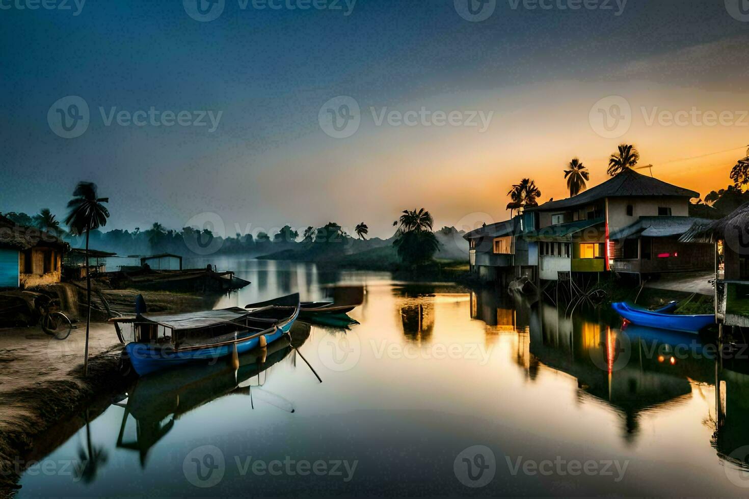 Boote sind angedockt im das Wasser beim Sonnenuntergang. KI-generiert foto