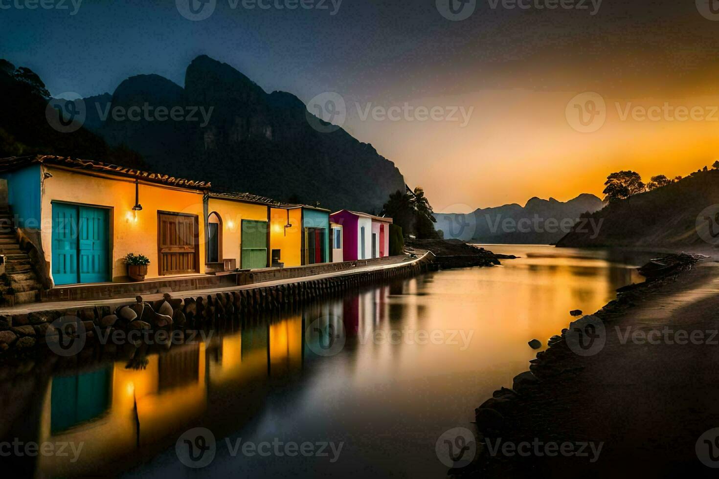 bunt Häuser entlang das Fluss beim Sonnenuntergang. KI-generiert foto