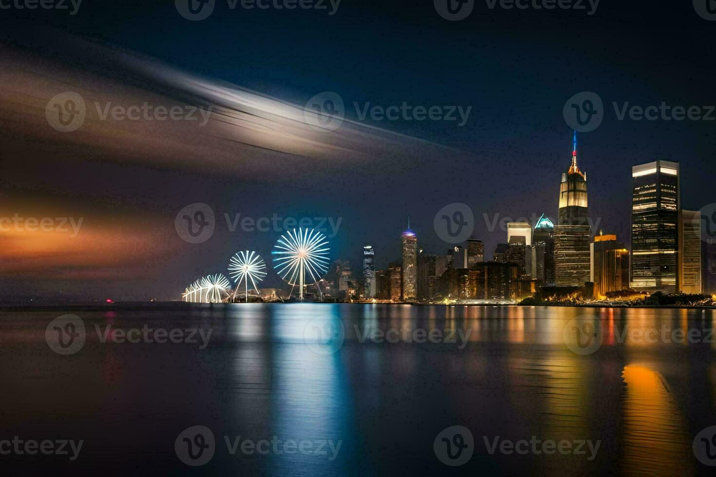 das Stadt Horizont beim Nacht mit ein lange Belichtung. KI-generiert foto