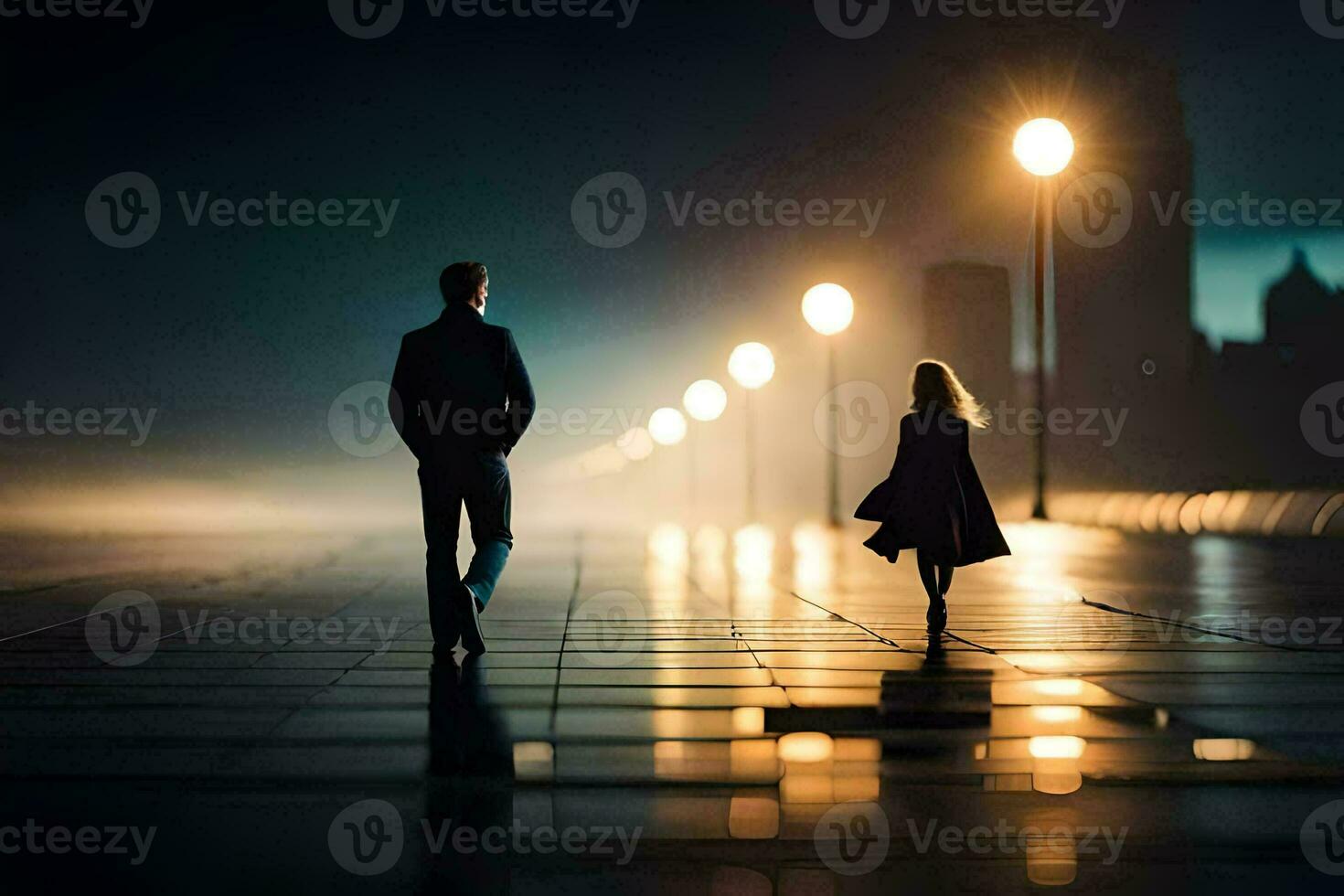 ein Mann und Frau Gehen im das Regen beim Nacht. KI-generiert foto