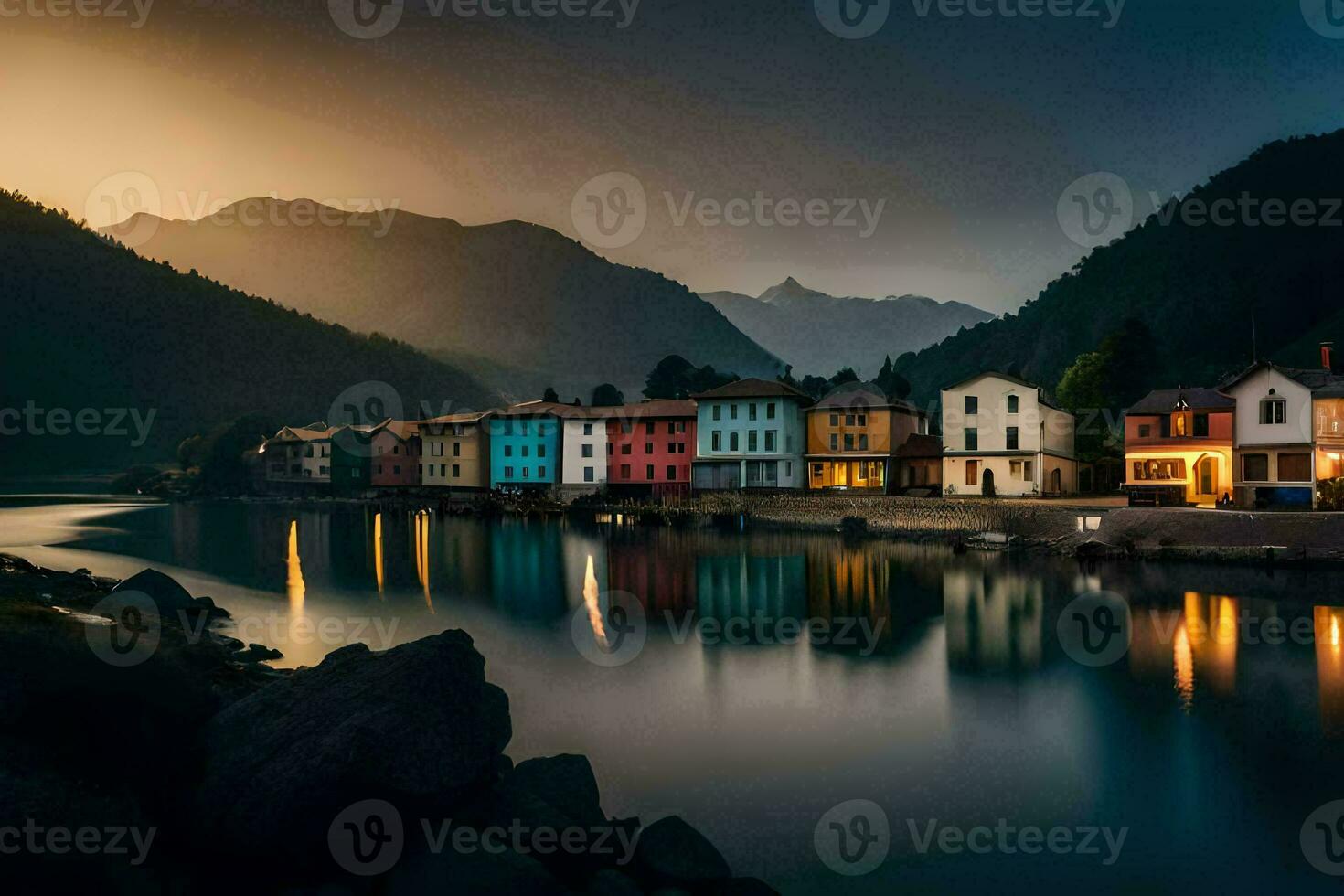 Foto Hintergrund das Himmel, Berge, See, das Stadt, das Berge, das Stadt, Die. KI-generiert