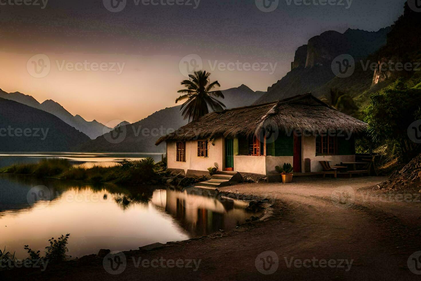 ein klein Hütte sitzt auf das Ufer von ein See beim Sonnenuntergang. KI-generiert foto